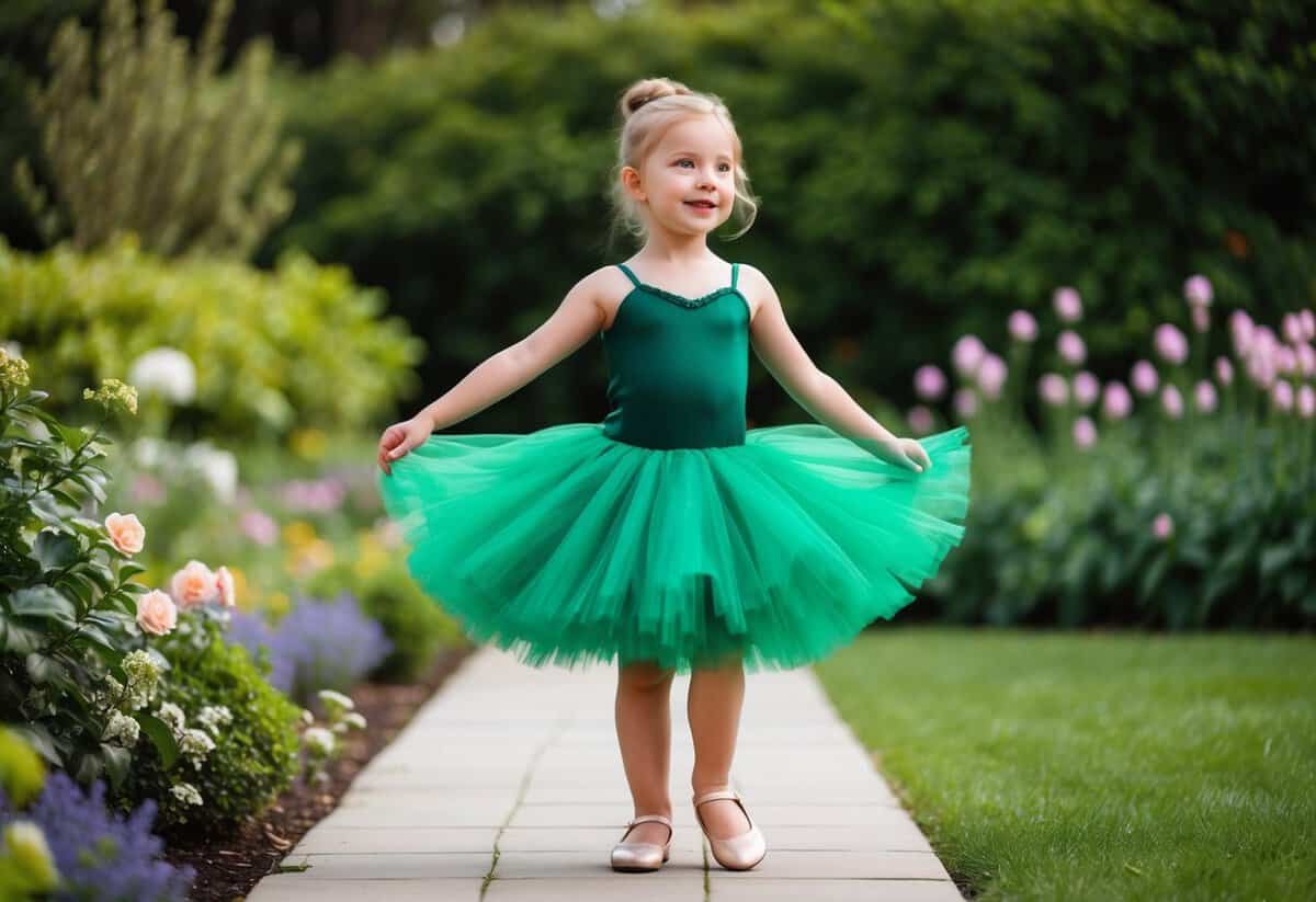 A young girl twirls in an emerald green tutu dress, surrounded by a garden of lush greenery and blooming flowers