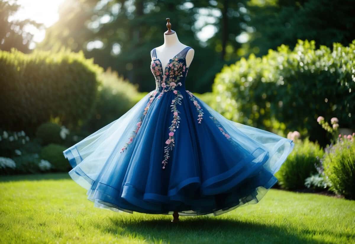 A navy blue tulle gown adorned with delicate floral embroidery, floating gracefully in a sunlit garden