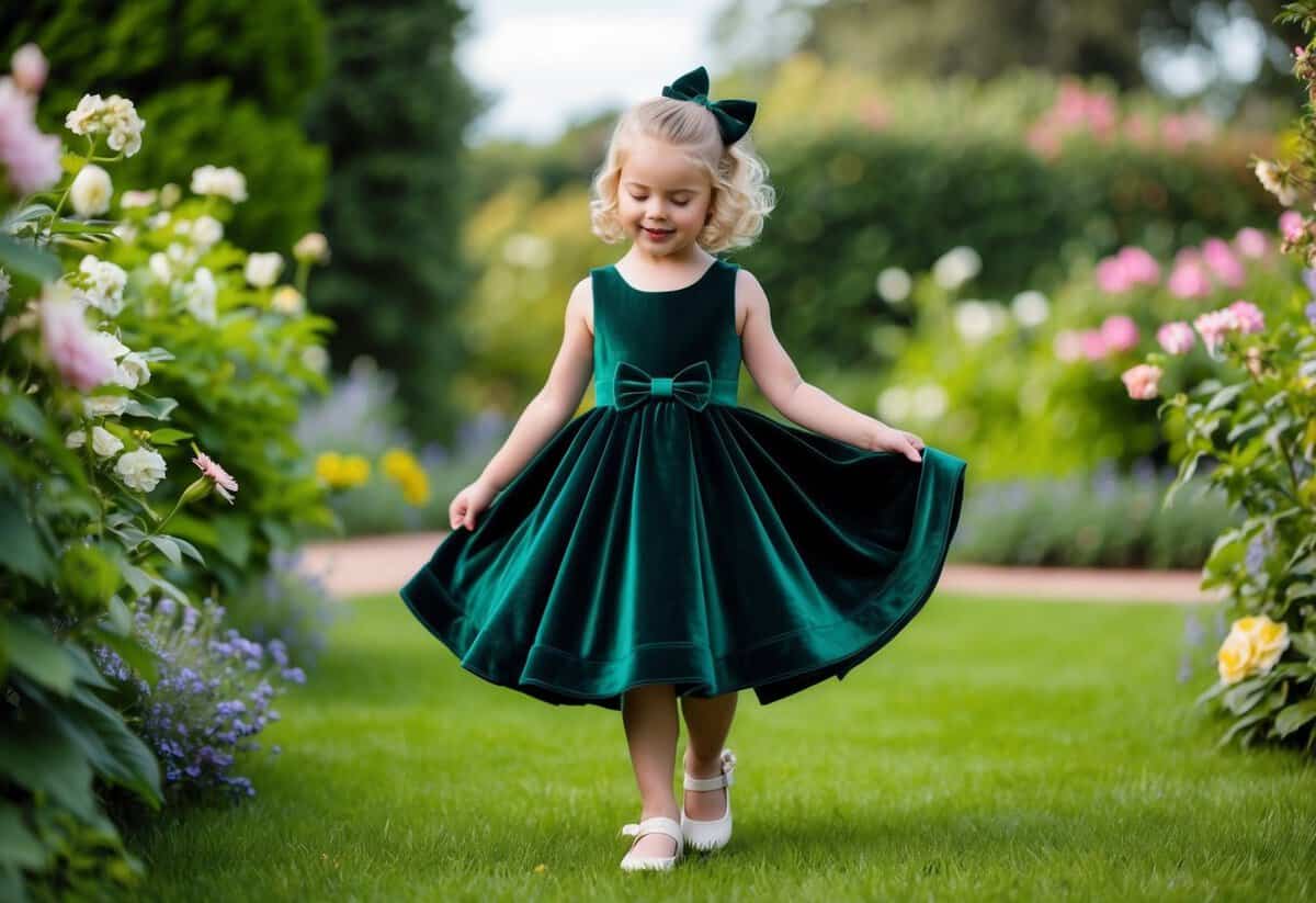 A young girl twirls in a lush garden wearing a velvet emerald green bow tie dress, surrounded by blooming flowers and vibrant greenery