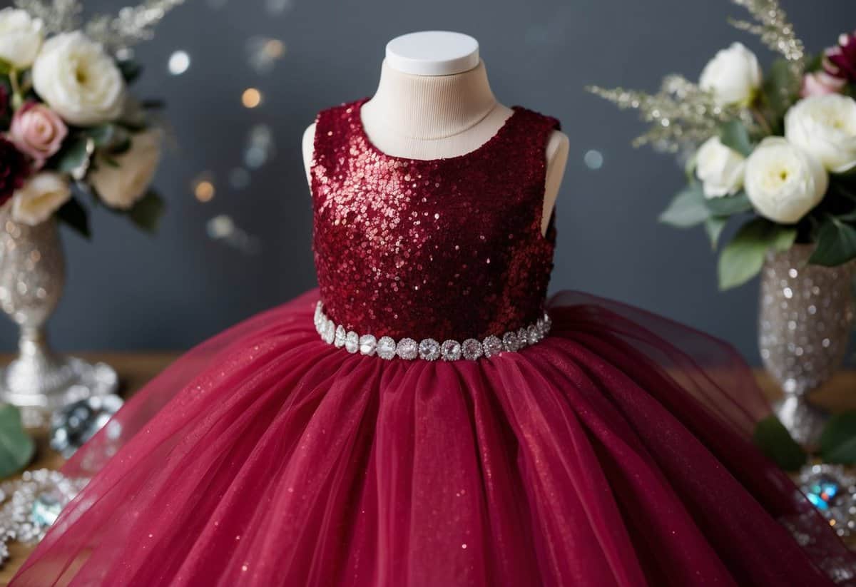 A sparkly ruby tulle gown draped over a child-sized mannequin, surrounded by glittering accessories and floral accents