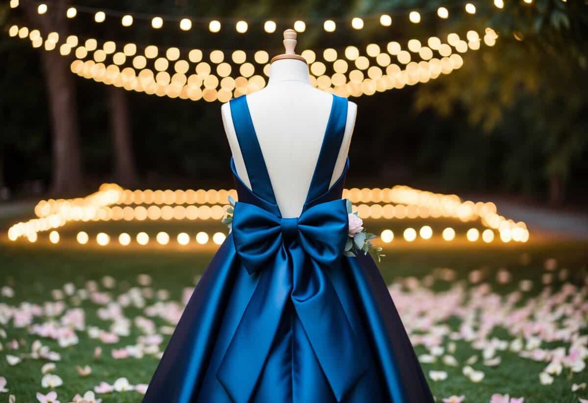 A navy blue satin A-line dress with a large bow on the back, surrounded by flower petals and twinkling lights