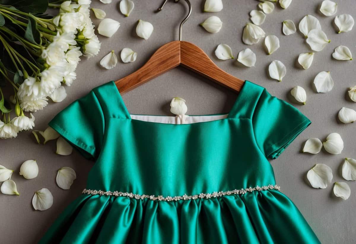 An emerald green satin flower girl dress hangs from a rustic wooden hanger, surrounded by delicate white flower petals