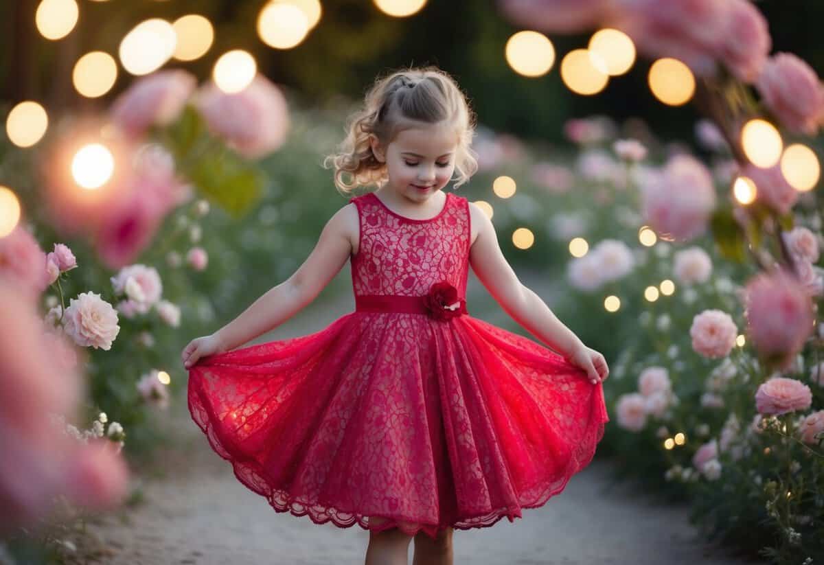 A young girl twirls in a rosy red lace dress, surrounded by delicate flowers and twinkling lights