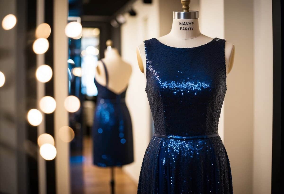 A navy sequined party dress displayed on a mannequin