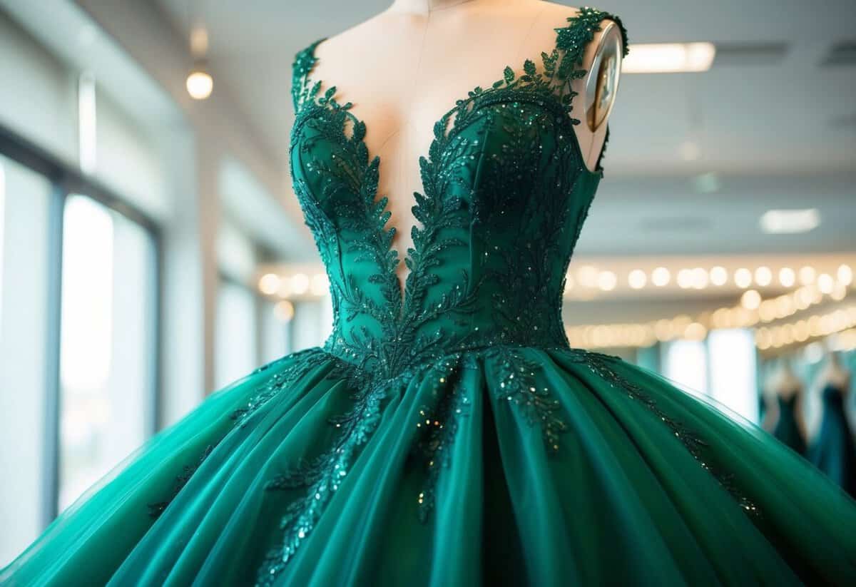 An emerald green ball gown sparkles under soft lighting, with intricate lace and shimmering details