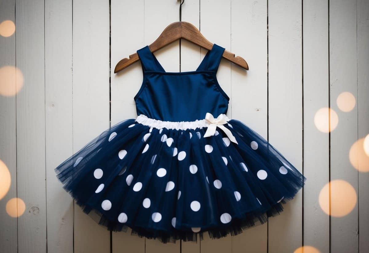 A navy tutu dress with white polka dots hanging on a rustic wooden hanger