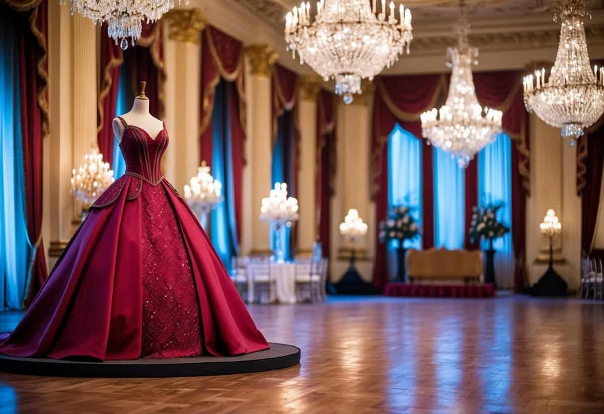 A grand ballroom with a regal crimson princess gown displayed on a mannequin, surrounded by sparkling chandeliers and ornate decor