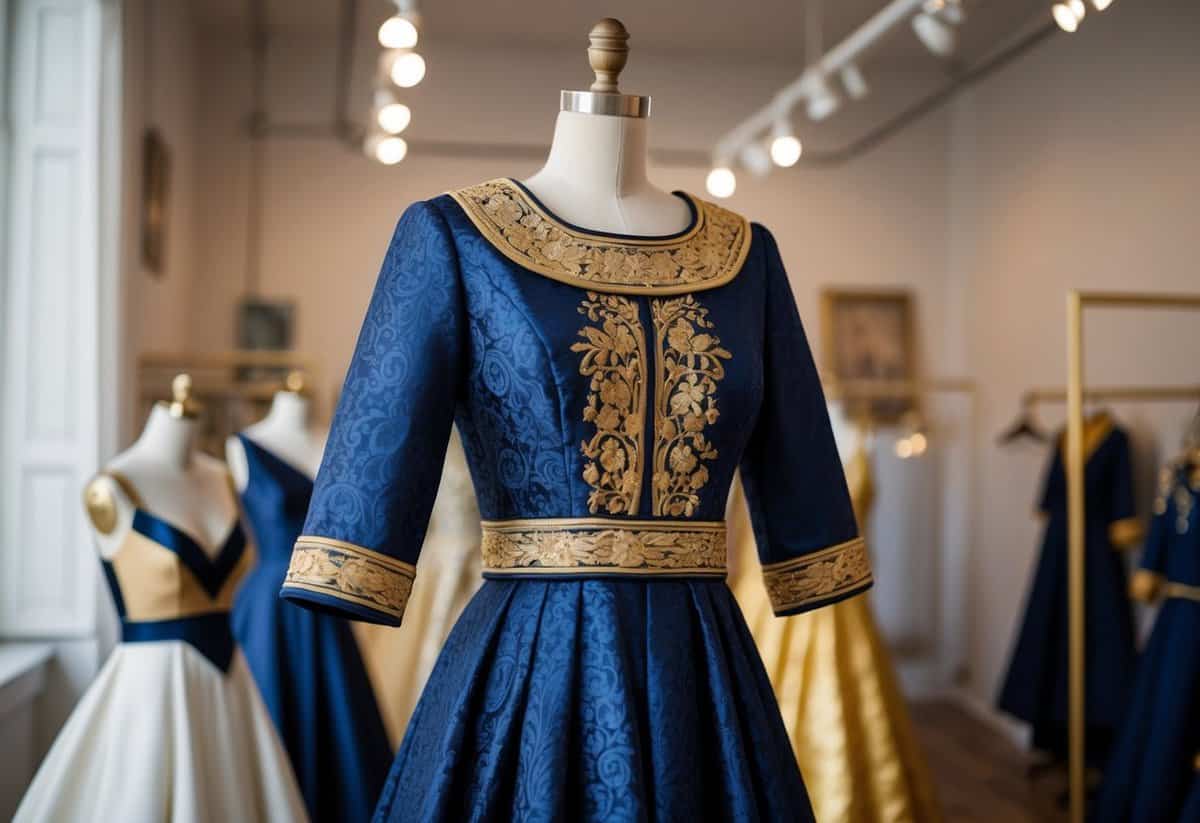 A navy and gold brocade dress hangs on a mannequin in a sunlit atelier