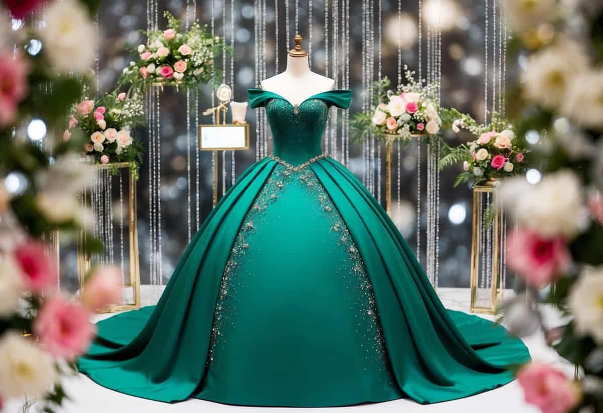 An emerald green princess dress displayed on a mannequin, surrounded by sparkling accessories and floral accents