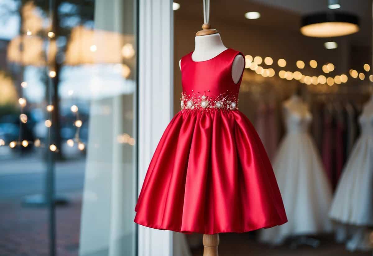 A child-sized red satin dress, adorned with candy apple embellishments, hangs on a mannequin in a wedding boutique window display