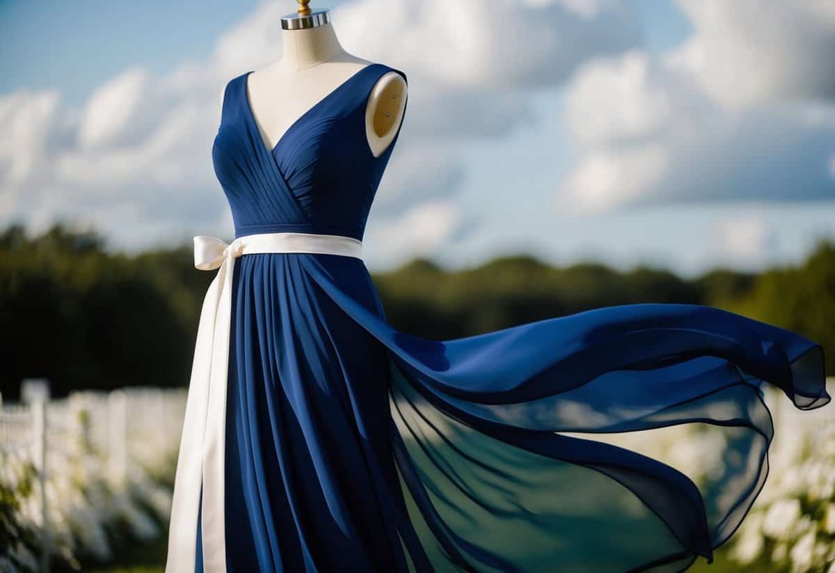 A flowing navy blue chiffon gown with a sash, set against a dreamy wedding backdrop