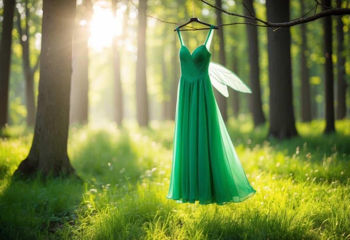 An emerald green fairy dress floats in a magical forest clearing. Sunlight filters through the trees, casting a soft glow on the delicate chiffon fabric