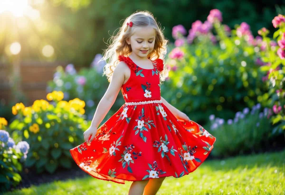 A young girl twirls in a garden, wearing a vibrant red floral dress with berry accents. The sun shines down, illuminating the colorful blooms around her