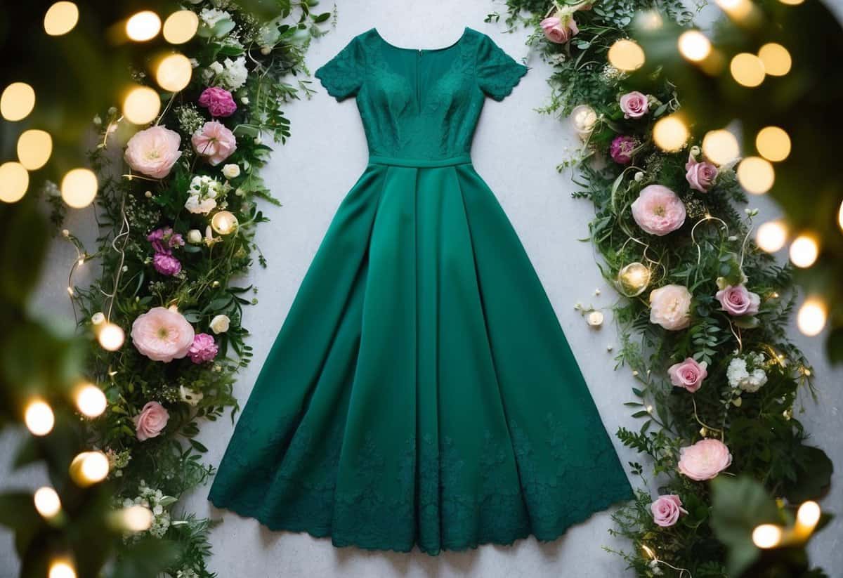 An emerald green A-line dress with lace details, surrounded by whimsical flower arrangements and twinkling fairy lights