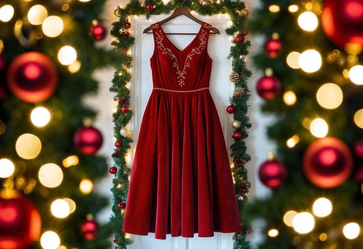 A red velvet Christmas dress hangs on a hanger, surrounded by twinkling lights and festive decorations