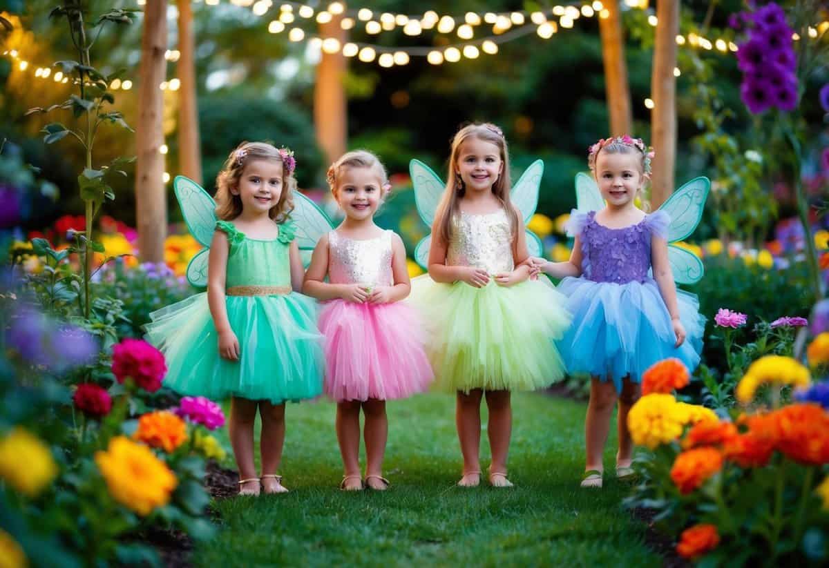 A whimsical garden with children wearing fairy-inspired tulle dresses, surrounded by twinkling lights and colorful flowers