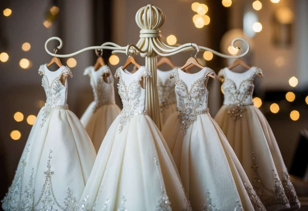 Miniature ball gowns with intricate embroidered details displayed on a whimsical wedding dress rack