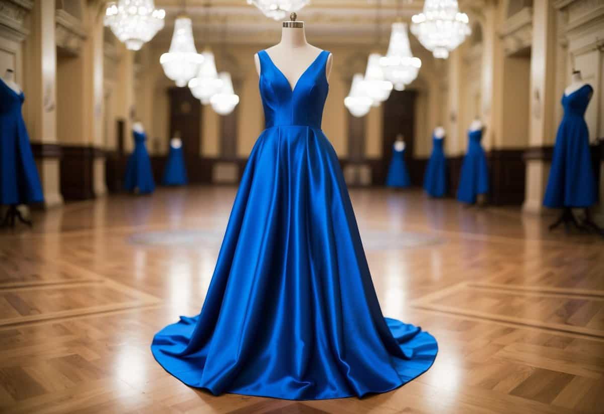 A royal blue satin dress displayed on a mannequin in a grand, ornate ballroom