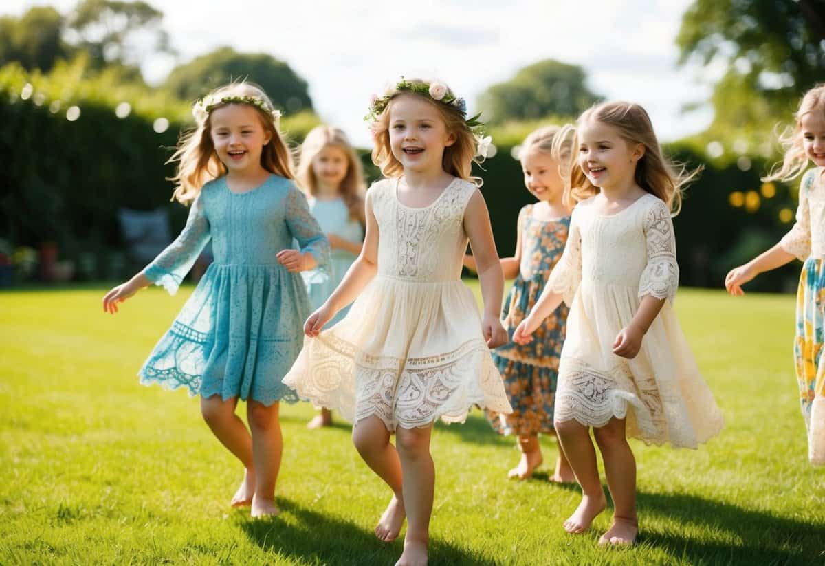 A group of children playing dress-up in bohemian lace dresses, twirling and laughing in a sun-drenched garden