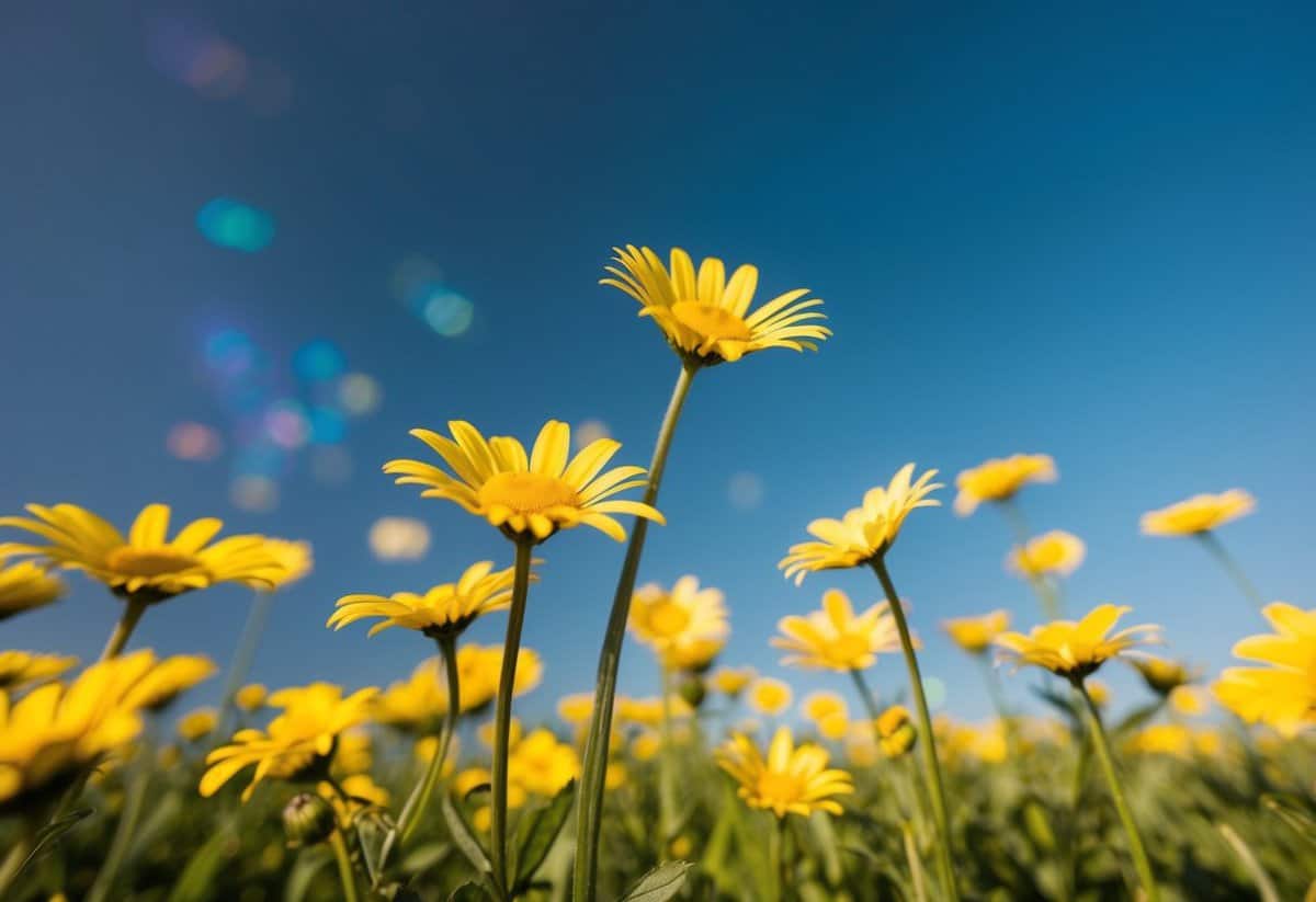 A field of bright yellow daisies under a clear blue sky