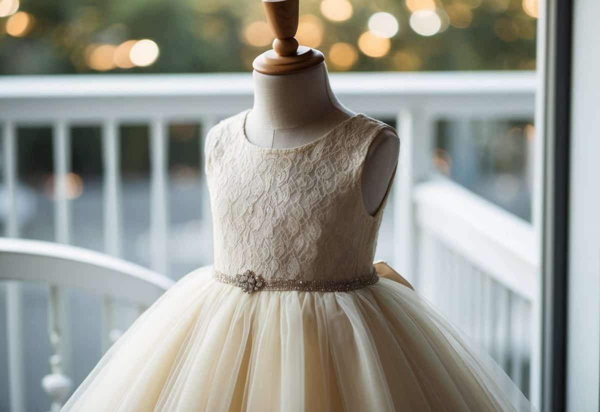 An ivory lace gown with a tulle skirt on a child mannequin