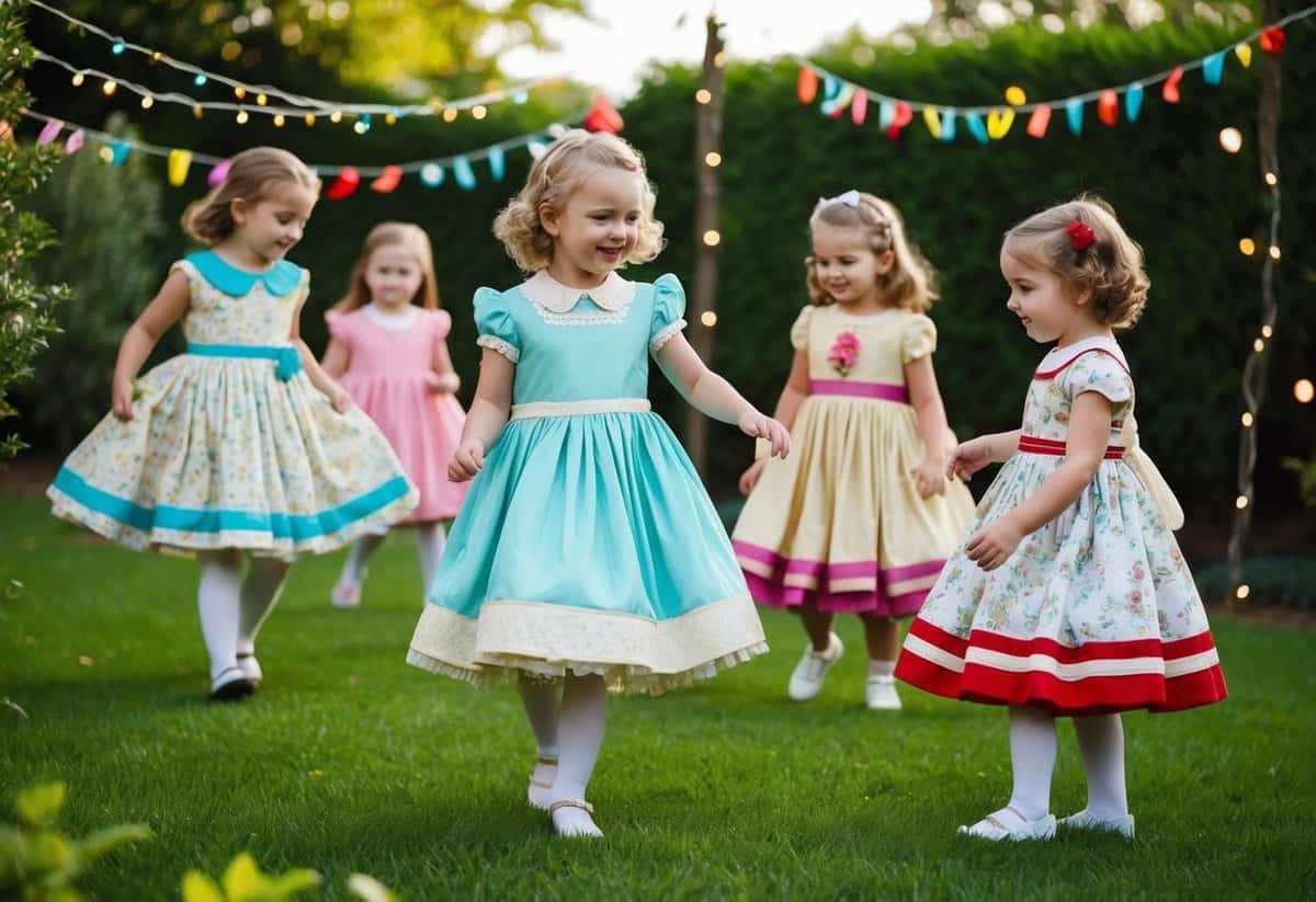 A group of children wearing vintage tea-length dresses, playing in a garden decorated with fairy lights and colorful ribbons