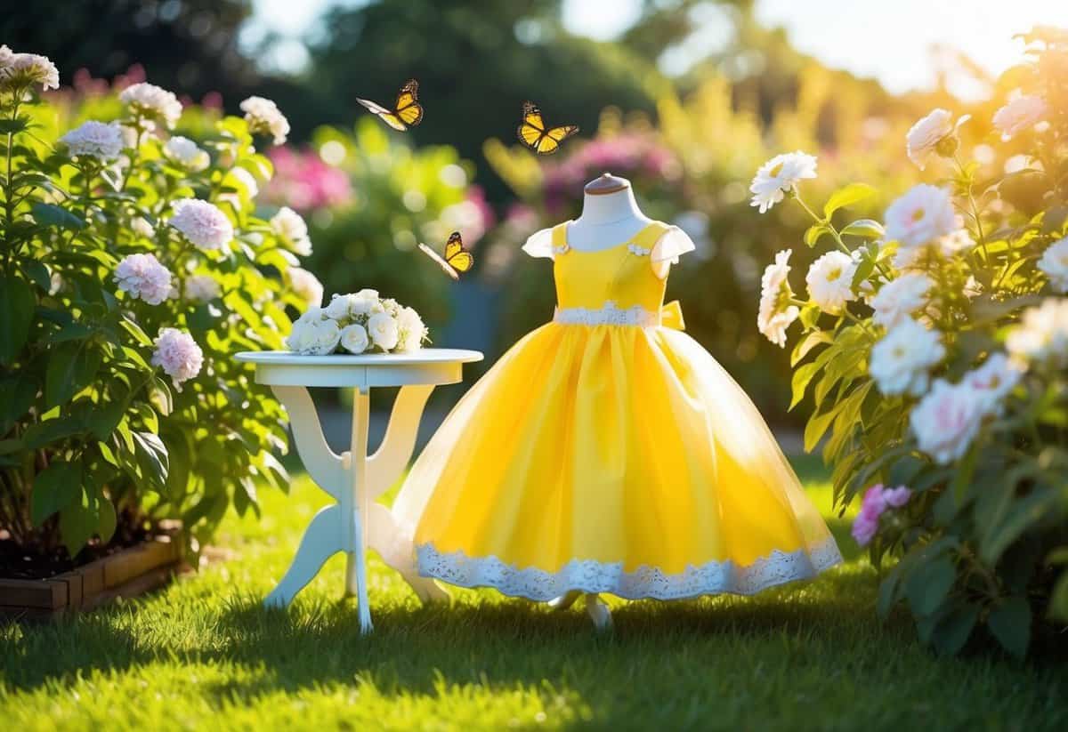 A sunlit garden with a small table displaying a bright yellow wedding dress for kids, surrounded by blooming flowers and fluttering butterflies