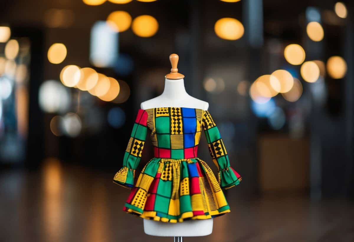 A colorful miniature Kente cloth dress on a mannequin