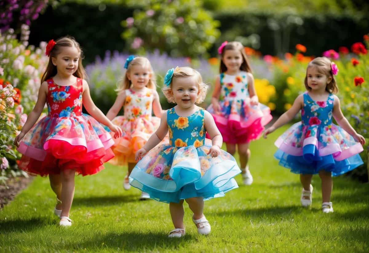 A group of children wearing colorful floral organza dresses, playing in a garden filled with blooming flowers