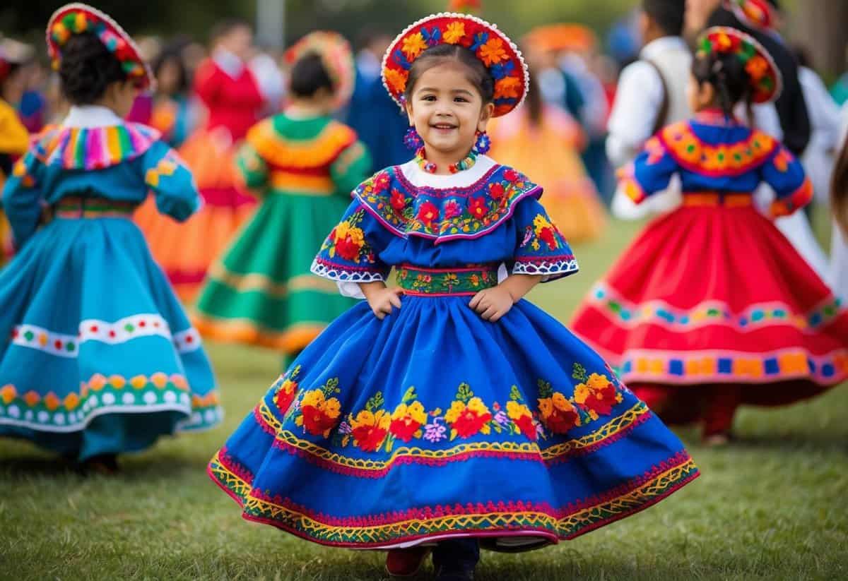 A vibrant Mexican fiesta dress with intricate embroidery and colorful patterns, perfect for a traditional wedding celebration for kids