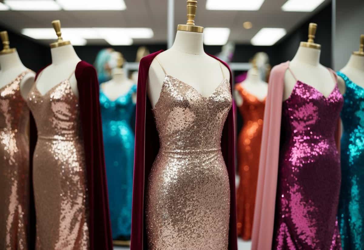 Sparkly sequin dresses and matching capes displayed on mannequins