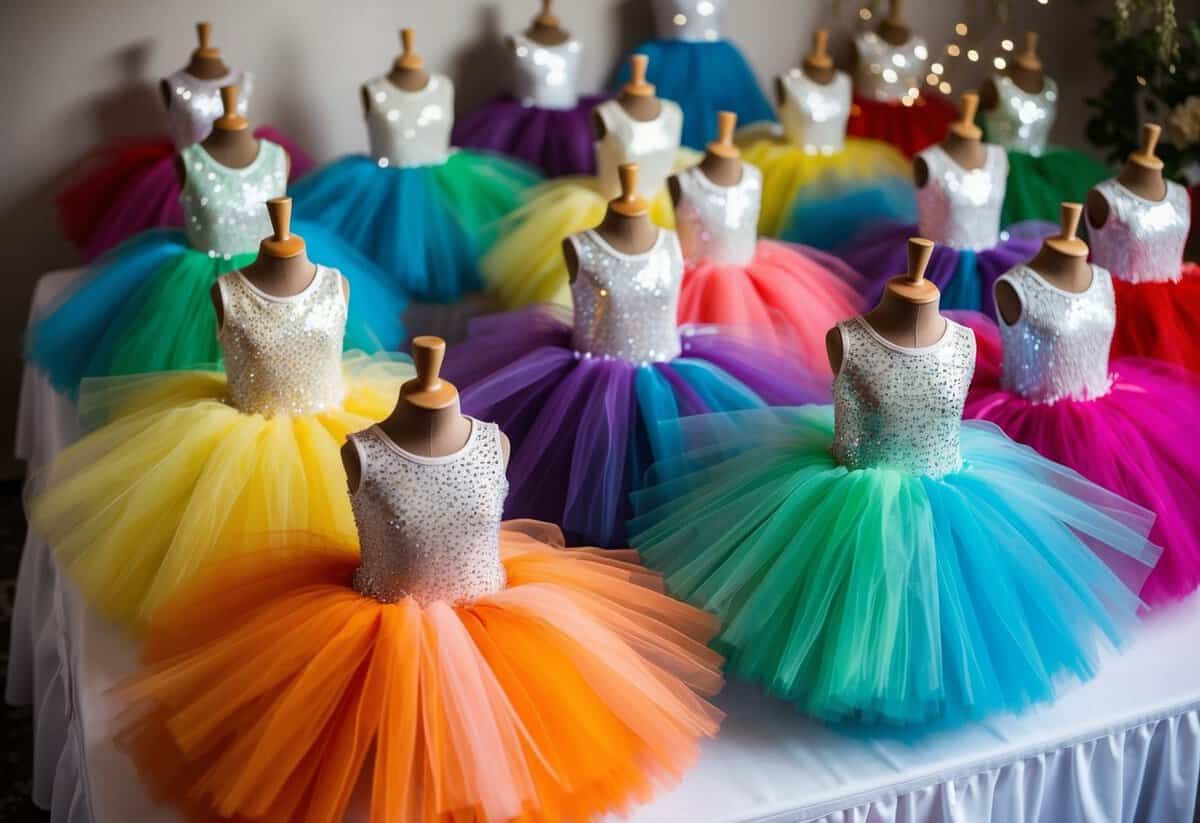 A group of rainbow-colored tutu dresses arranged in a whimsical display, with glittering accents and playful details, perfect for a unique kids' wedding attire