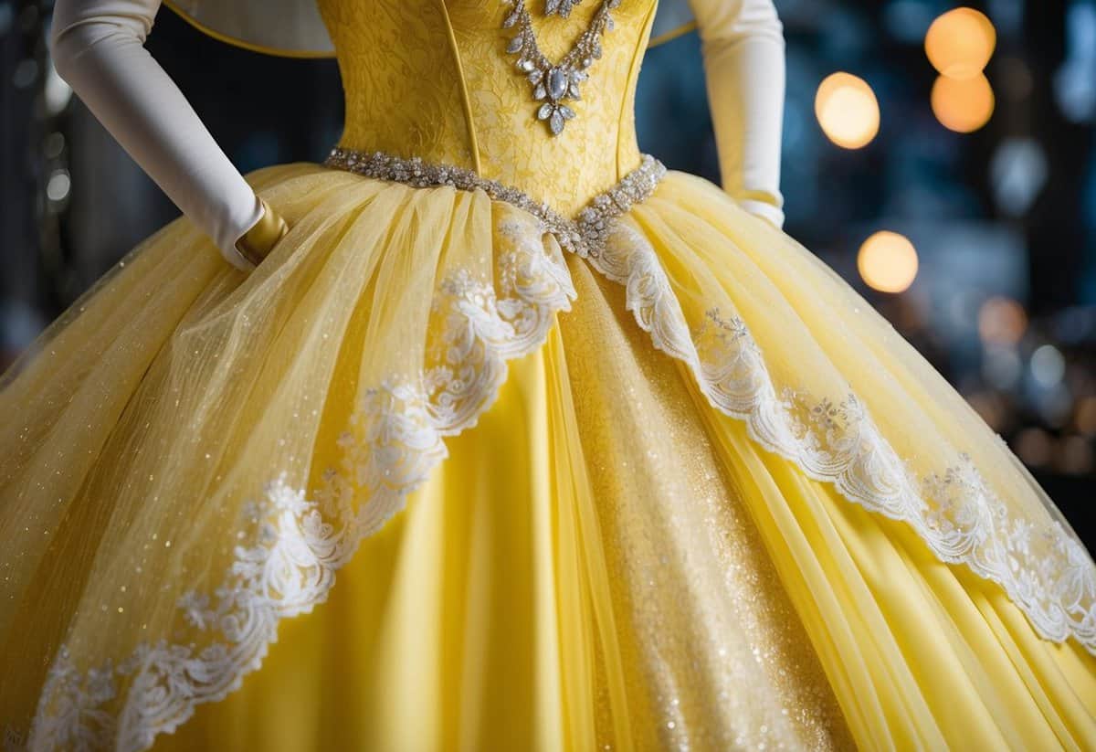 A golden yellow princess dress with delicate lace and shimmering tulle, adorned with sparkling jewels and a flowing train