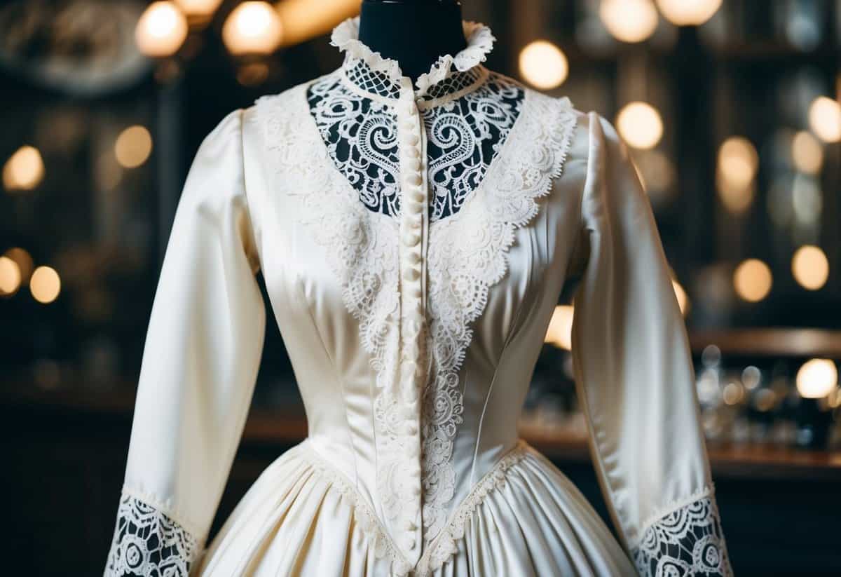 A Victorian-style white silk dress with intricate lace detailing, a full skirt, and a high neckline