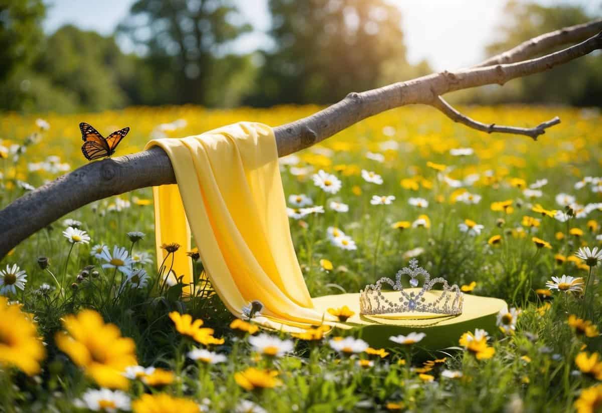 A sunny meadow with daisies and butterflies, a flowing yellow gown draped over a tree branch, and a sparkling tiara resting on a bed of wildflowers