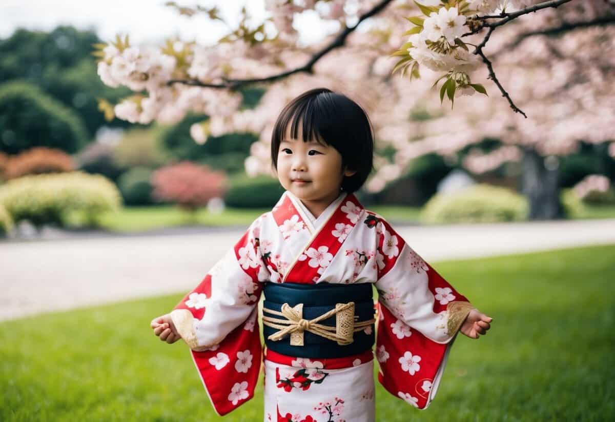 A child wearing a Japanese kimono with cherry blossom print, standing in a serene garden