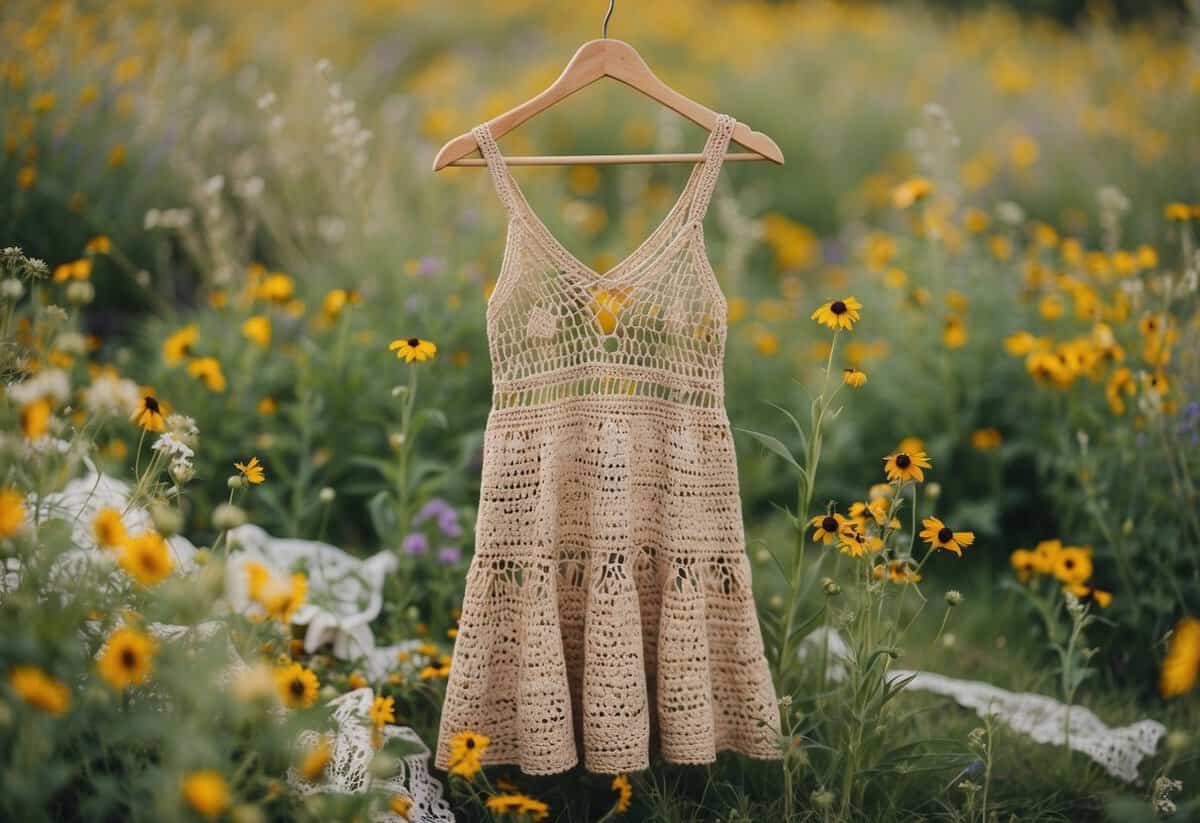 A rustic bohemian crochet dress hangs on a wooden hanger, surrounded by wildflowers and vintage lace