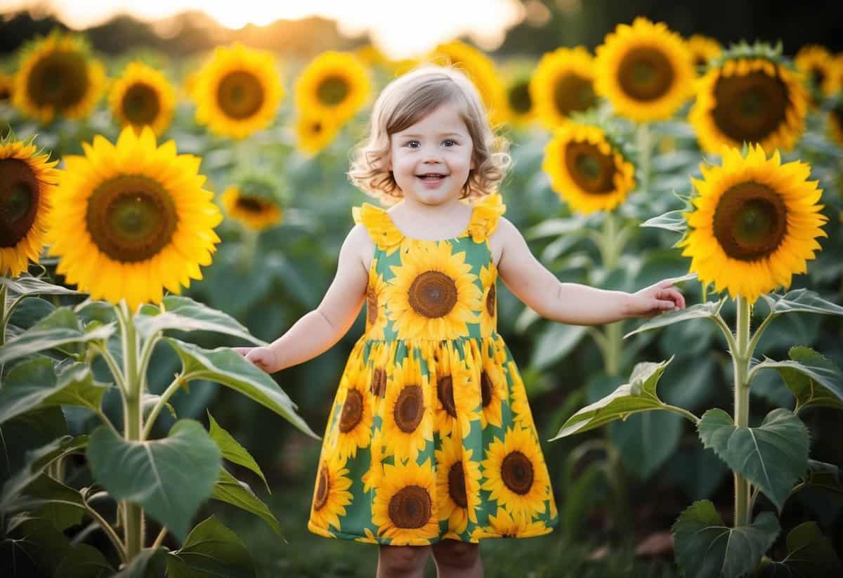 A child wearing a bright yellow sunflower-themed dress, surrounded by sunflowers and a warm, sunny atmosphere