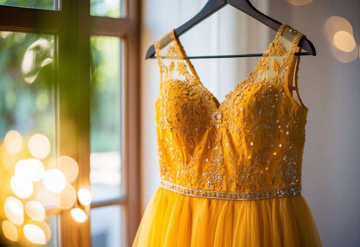 A vibrant marigold party dress, adorned with delicate lace and shimmering sequins, hangs on a hanger in a sunlit room