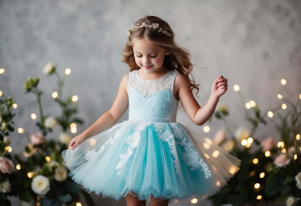 A young girl twirls in a mini tulle dress with lace overlay, surrounded by flowers and twinkling lights