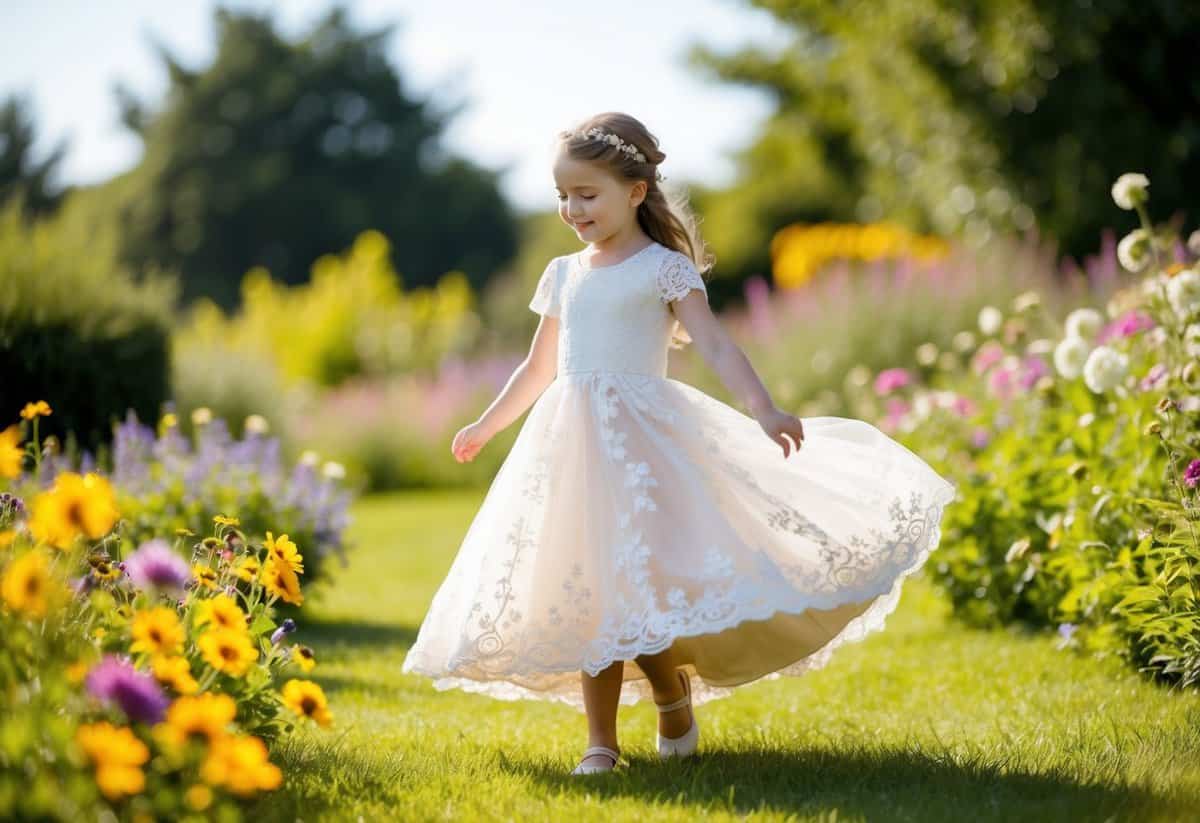 A young girl twirls in a lace tea-length gown, surrounded by blooming wildflowers in a sunlit garden