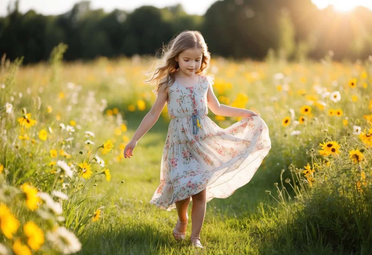 A young girl twirls in a meadow, wearing a flowing bohemian flower girl dress, surrounded by wildflowers and sunshine