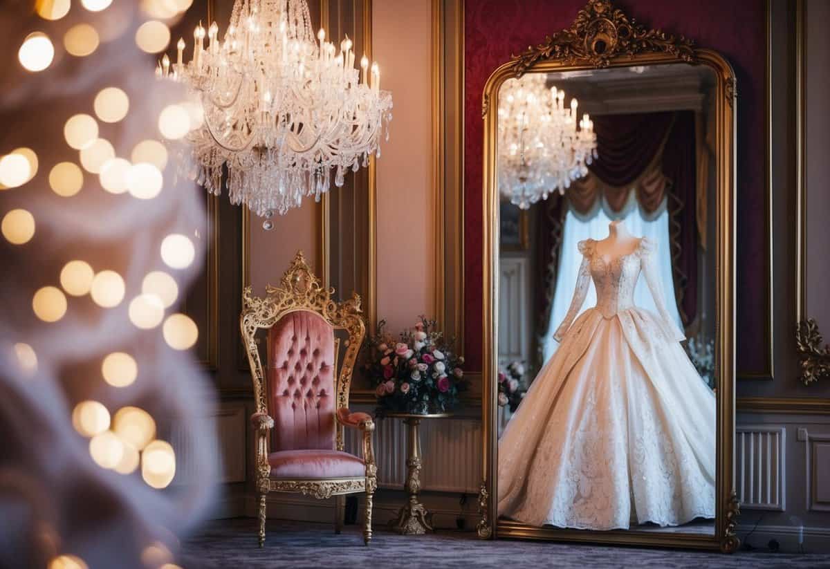 A grand ballroom with a sparkling chandelier, a regal throne, and a mirror reflecting a lavish princess ball gown with lace overlay