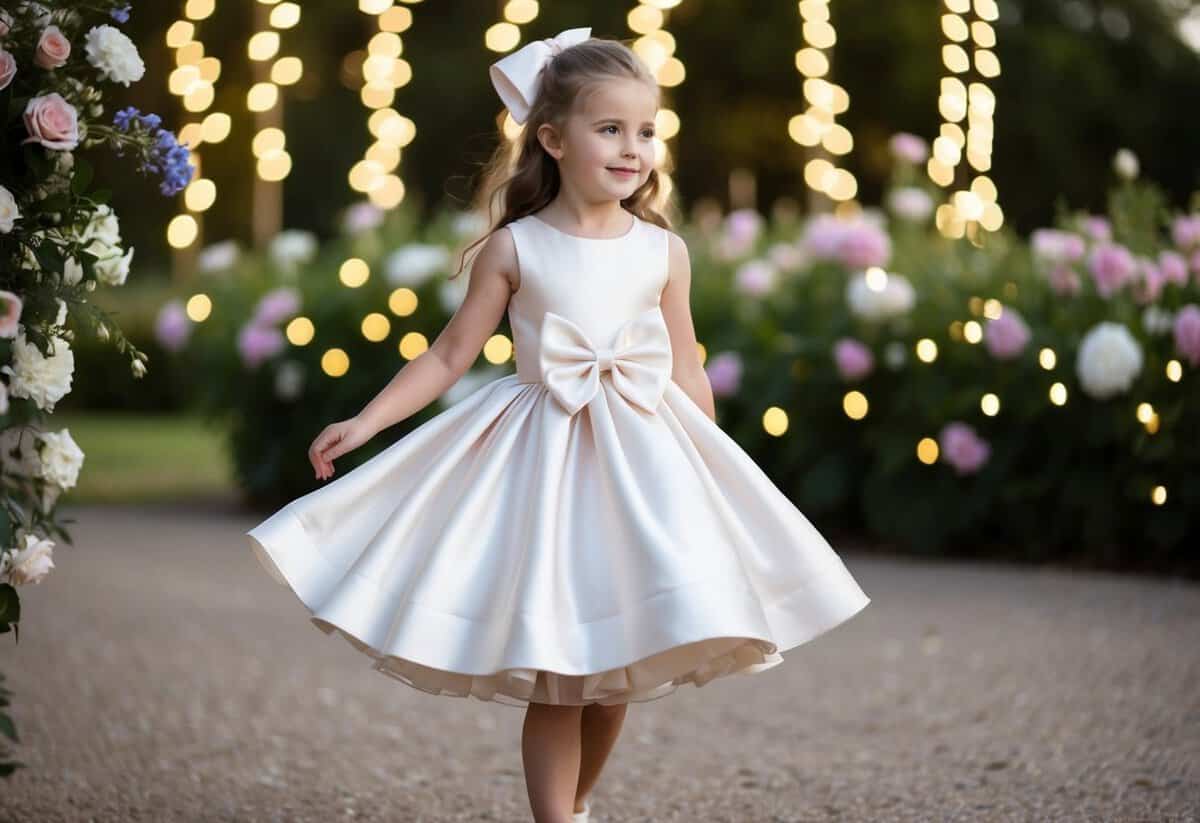 A young girl twirls in a knee-length satin dress with a large bow, surrounded by flowers and twinkling lights