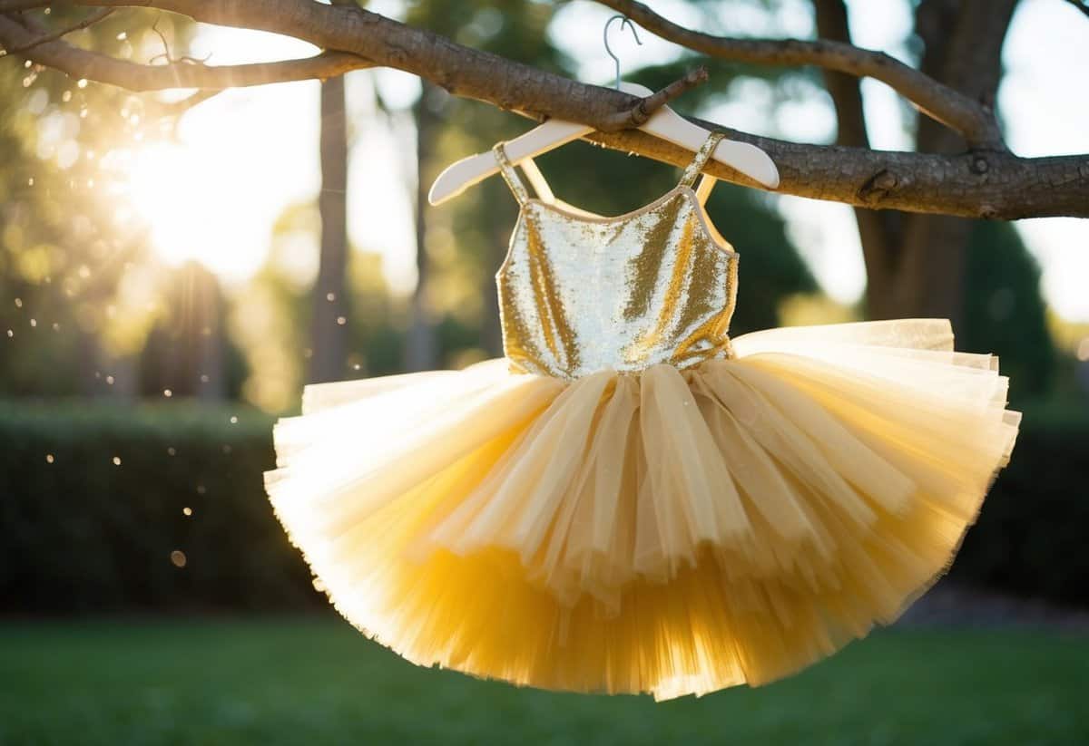 A shimmering gold tutu-style dress hangs from a tree branch, catching the sunlight and casting a sparkling glow