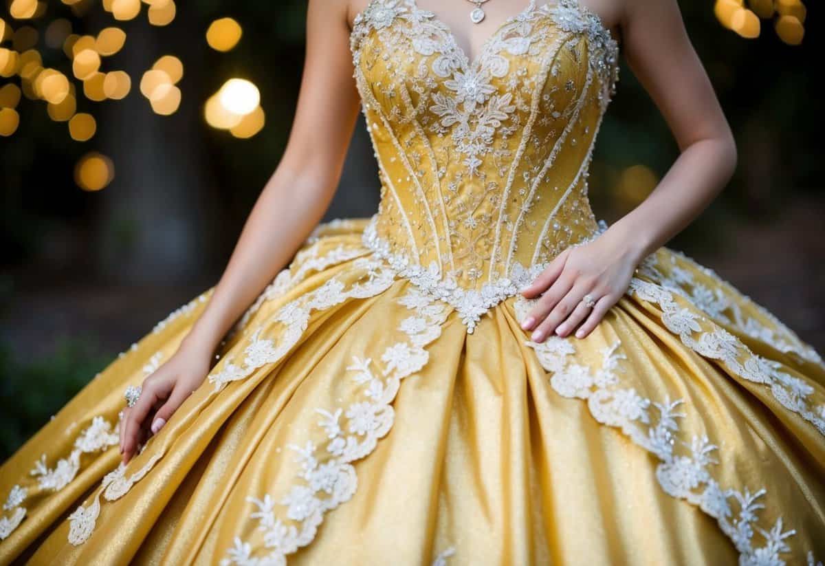 A shimmering golden gown adorned with delicate lace and sparkling jewels, fit for a fairy tale princess