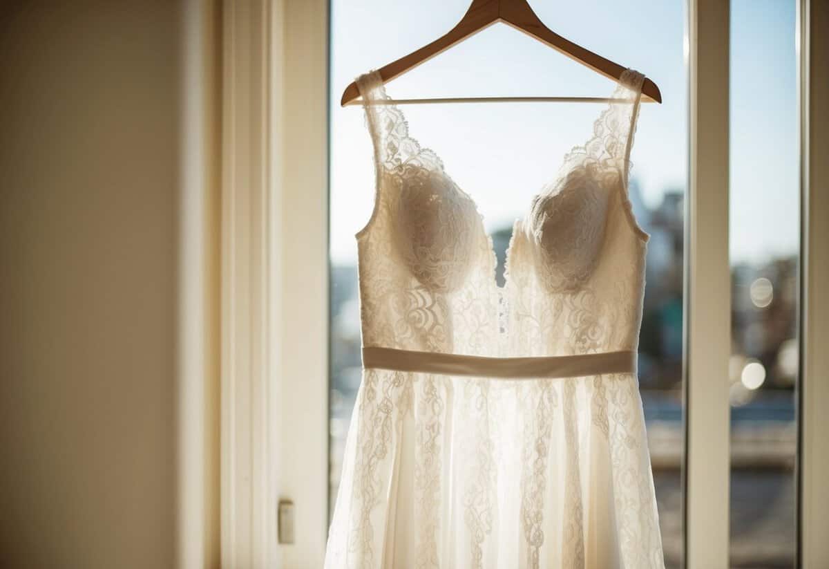 An ivory lace high-low dress displayed on a hanger in a sunlit room