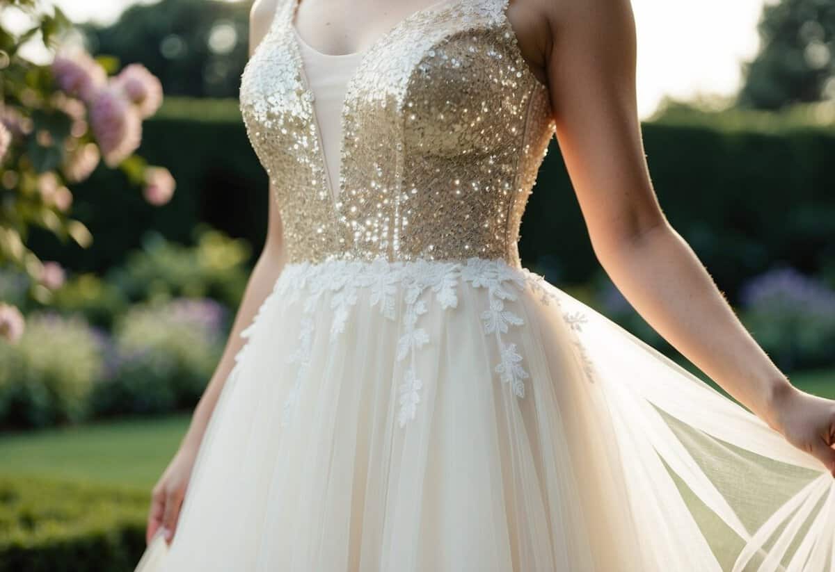 An ivory dress with a sequin bodice, adorned with delicate lace and flowing tulle, set against a dreamy garden backdrop