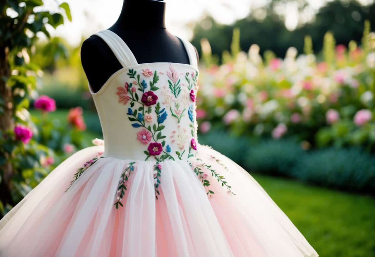 A whimsical tutu dress adorned with delicate floral embroidery, set against a dreamy garden backdrop