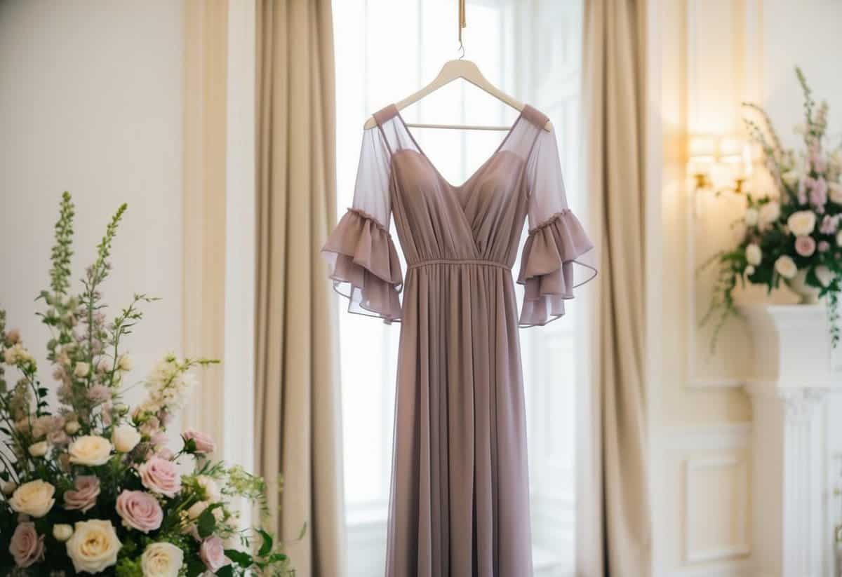 A chiffon dress with ruffled sleeves hangs from a delicate hanger in a softly lit room, surrounded by floral arrangements and elegant decor